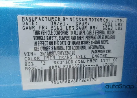 2021 Nissan Sentra Sr Xtronic Cvt from USA, damaged, VIN 3N1AB8DV8MY324170